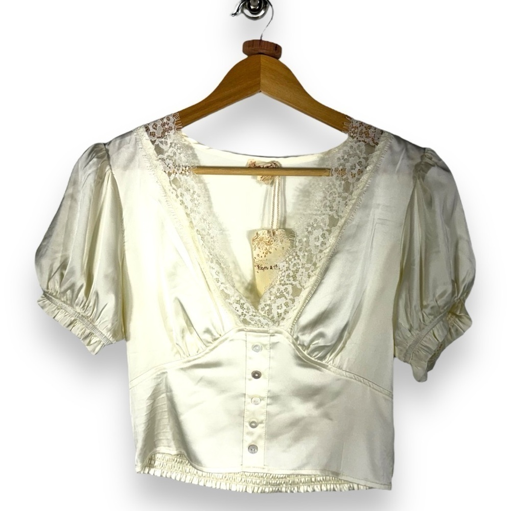 Hem & Thread Lace Trimmed Satin Cropped Smocked Romantic Top, Ivory, Size Small